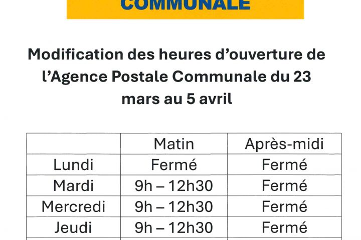 Modification horaires d'ouverture de la Mairie du 23 mars au 5 avril