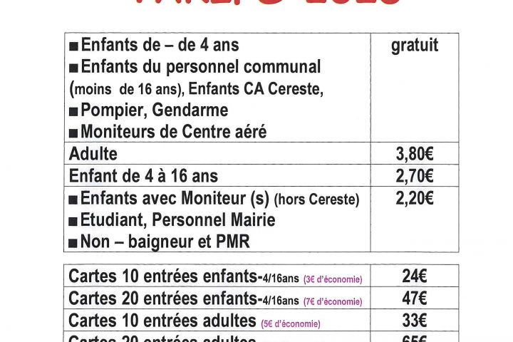 Tarifs Piscine 2025